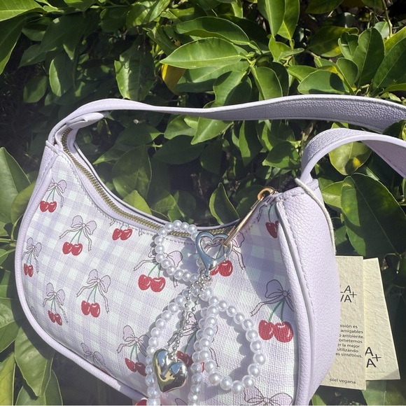 Y2K Purple and Red Shoulder Bag with Cherry Print - Picture 2 of 4